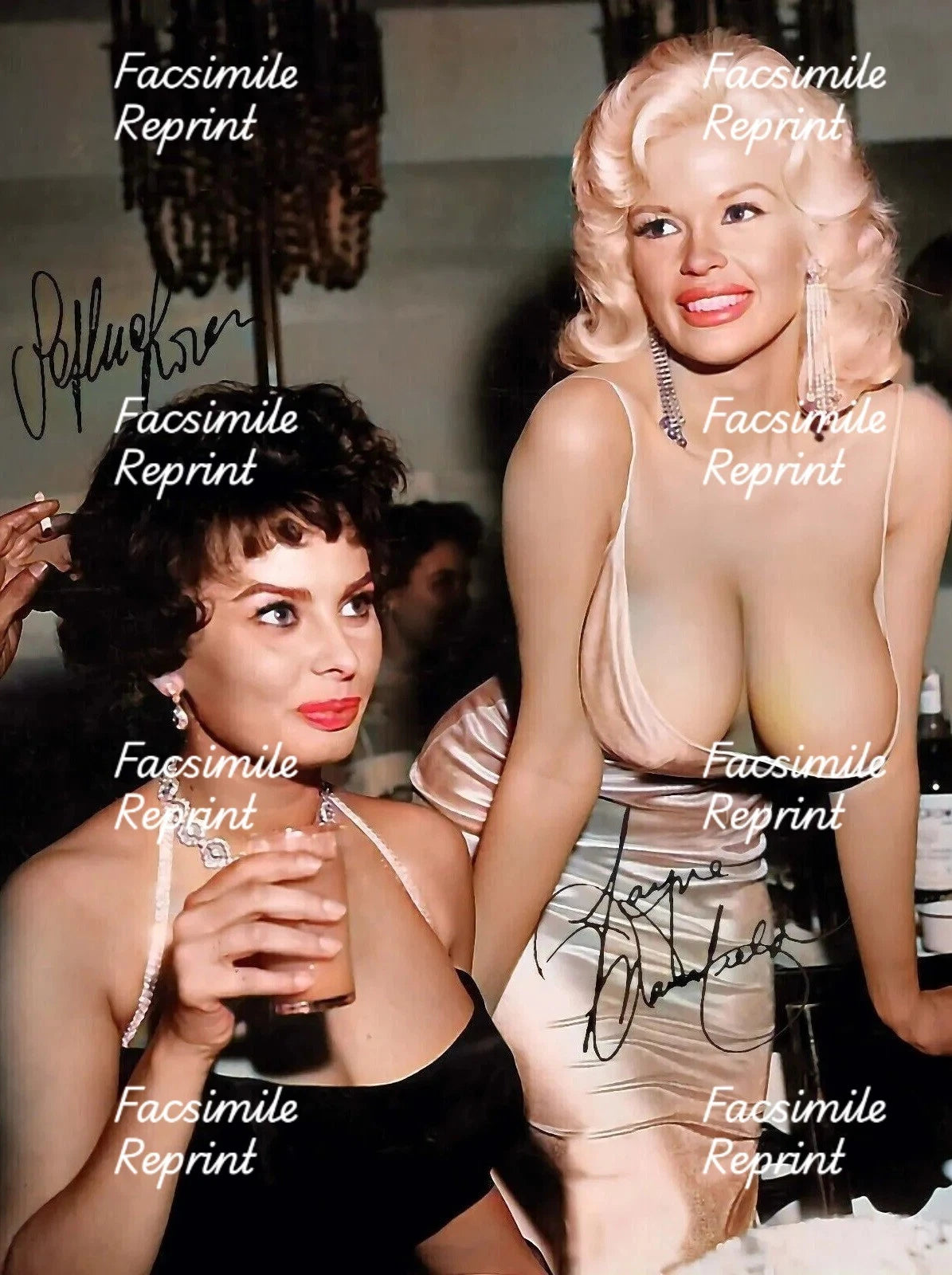 SOPHIA LOREN & JAYNE MANSFIELD REPRINT FACSIMILE SIGNED PHOTO 8"X11".